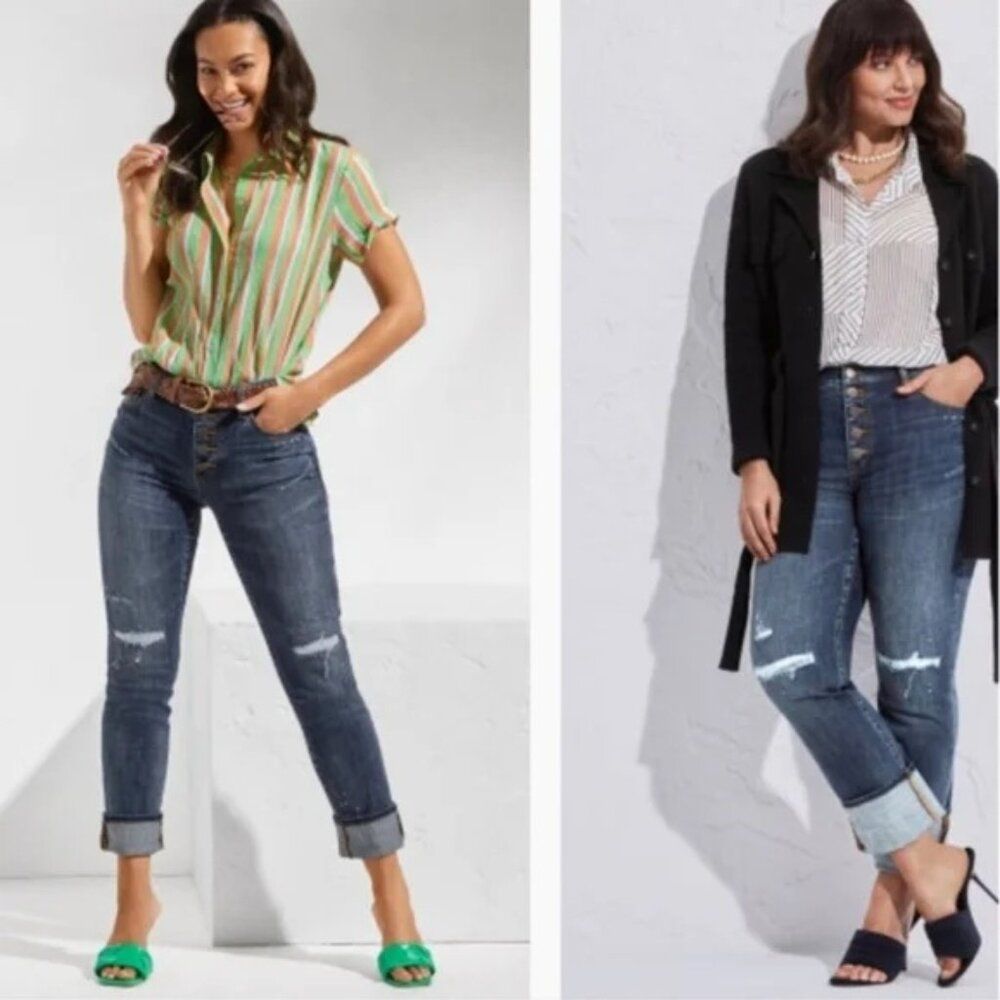 Cabi - Button Fly Straight Jeans Distressed #6068 - Size 8